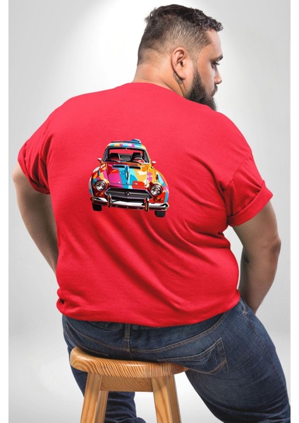 Peugeot 144 Renkli Orijinal Araba Büyük Beden Kırmızı Tişört Kadın Erkek Ünisex Sırt Baskılı