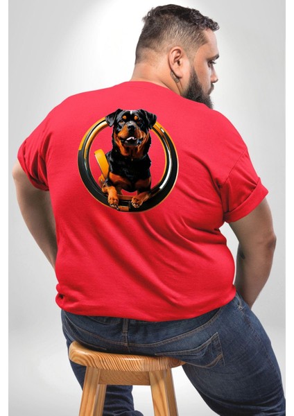 Süper Tasma Rottweiler Eğitim Büyük Beden Kırmızı Tişört Kadın Erkek Ünisex Sırt Baskılı