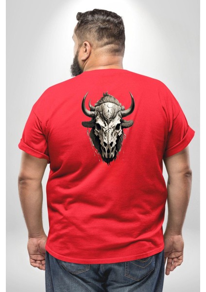 Bizon Inek Kafatası Kurumuş Büyük Beden Kırmızı Tişört Kadın Erkek Ünisex Sırt Baskılı
