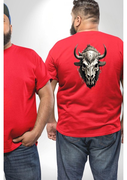 Bizon Inek Kafatası Kurumuş Büyük Beden Kırmızı Tişört Kadın Erkek Ünisex Sırt Baskılı fiyatları