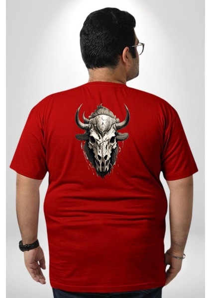 Bizon Inek Kafatası Kurumuş Büyük Beden Kırmızı Tişört Kadın Erkek Ünisex Sırt Baskılı fırsatları