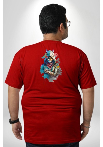 Kedi Assassin'S Creed Büyük Beden Kırmızı Tişört Kadın Erkek Ünisex Sırt Baskılı