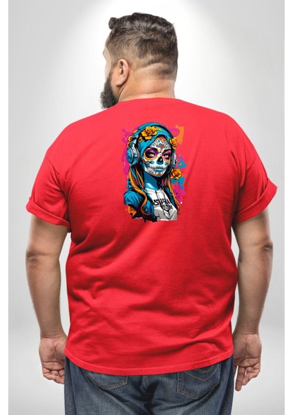 Kulaklık Müzik Dinleyen Kız Büyük Beden Kırmızı Tişört Kadın Erkek Ünisex Sırt Baskılı