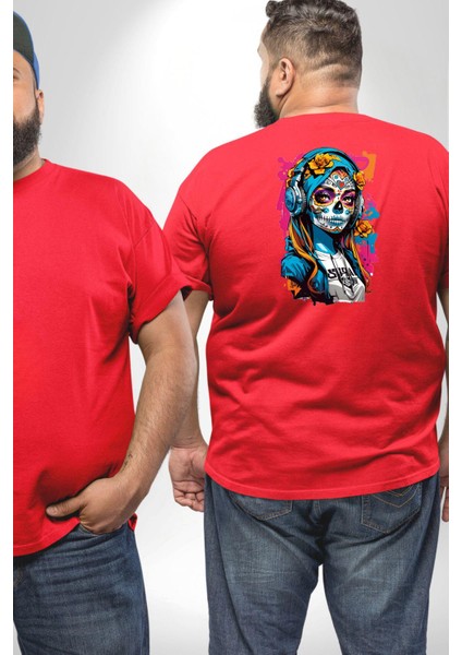 Kulaklık Müzik Dinleyen Kız Büyük Beden Kırmızı Tişört Kadın Erkek Ünisex Sırt Baskılı fiyatları