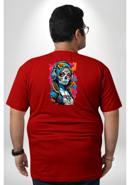 Kulaklık Müzik Dinleyen Kız Büyük Beden Kırmızı Tişört Kadın Erkek Ünisex Sırt Baskılı fırsatları