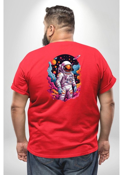 Ay Mars Astronot Büyük Beden Kırmızı Tişört Kadın Erkek Ünisex Sırt Baskılı
