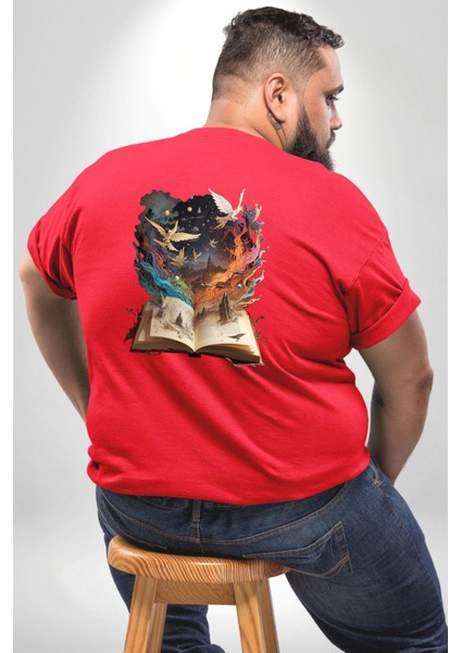 Hikaye Roman Kitabı Gerçekleşti Büyük Beden Kırmızı Tişört Kadın Erkek Ünisex Sırt Baskılı