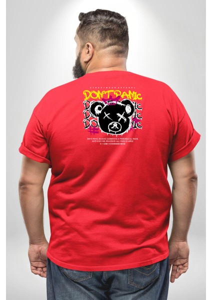 Panik Yok Teddy Büyük Beden Kırmızı Tişört Kadın Erkek Ünisex Sırt Baskılı