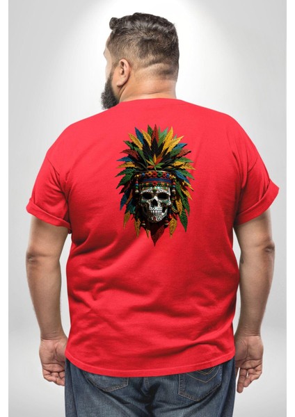 Kurukafa Iskelet Kızılderili Tüy Kartal Şefi Büyük Beden Kırmızı Tişört Kadın Erkek Ünisex Sırt Baskılı