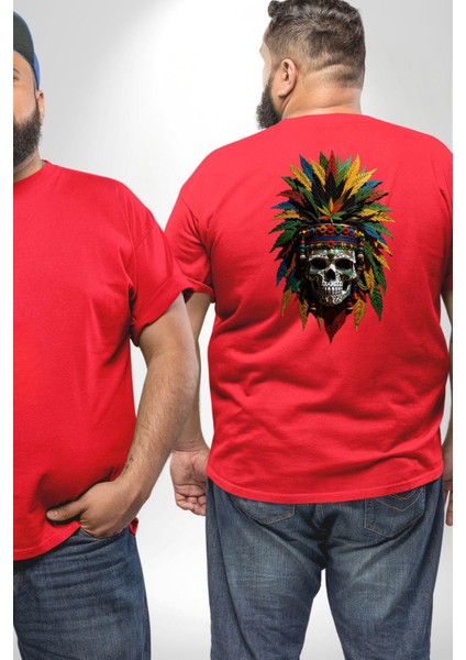 Kurukafa Iskelet Kızılderili Tüy Kartal Şefi Büyük Beden Kırmızı Tişört Kadın Erkek Ünisex Sırt Baskılı fiyatları