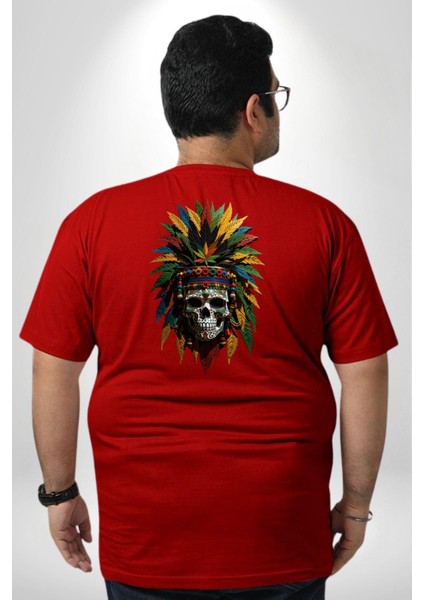 Kurukafa Iskelet Kızılderili Tüy Kartal Şefi Büyük Beden Kırmızı Tişört Kadın Erkek Ünisex Sırt Baskılı fırsatları