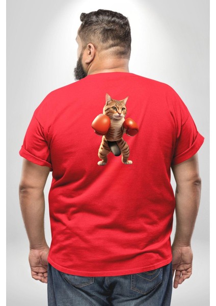 Boks Yapan Kedi Büyük Beden Kırmızı Tişört Kadın Erkek Ünisex Sırt Baskılı