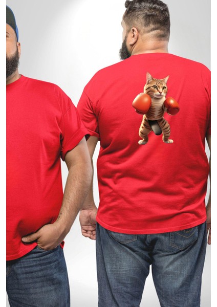 Boks Yapan Kedi Büyük Beden Kırmızı Tişört Kadın Erkek Ünisex Sırt Baskılı fiyatları
