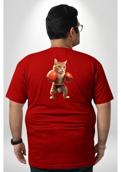 Boks Yapan Kedi Büyük Beden Kırmızı Tişört Kadın Erkek Ünisex Sırt Baskılı fırsatları