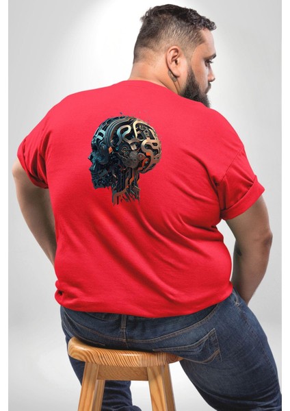 Robot Kafası Kız Büyük Beden Kırmızı Tişört Kadın Erkek Ünisex Sırt Baskılı