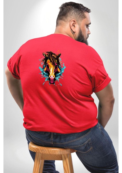 At Kafası Renkli Büyük Beden Kırmızı Tişört Kadın Erkek Ünisex Sırt Baskılı