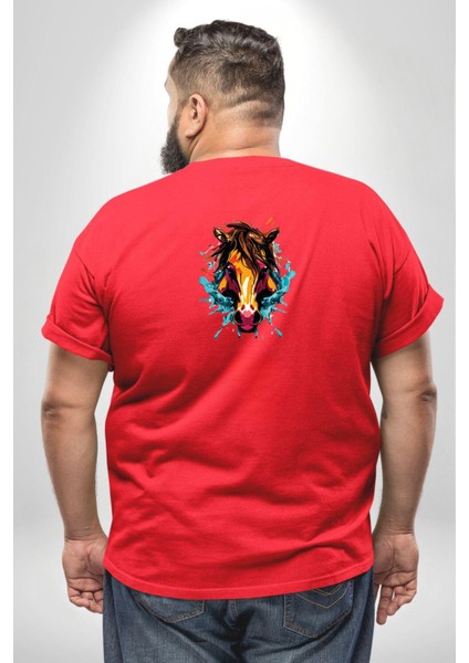 At Kafası Renkli Büyük Beden Kırmızı Tişört Kadın Erkek Ünisex Sırt Baskılı fırsatları