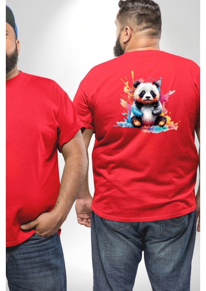 Renkli Yavru Panda Büyük Beden Kırmızı Tişört Kadın Erkek Ünisex Sırt Baskılı fiyatları