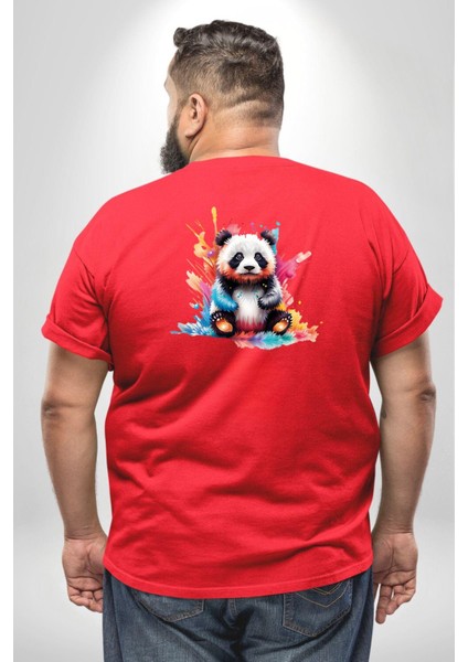 Renkli Yavru Panda Büyük Beden Kırmızı Tişört Kadın Erkek Ünisex Sırt Baskılı fırsatları