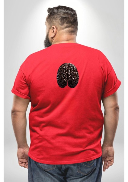 Kuru Kahve Çekirdeği Beyin Büyük Beden Kırmızı Tişört Kadın Erkek Ünisex Sırt Baskılı