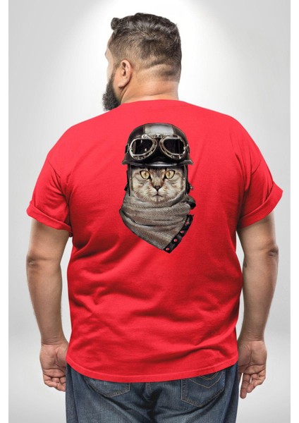 Kasket Bandana Motorcu Kedi Büyük Beden Kırmızı Tişört Kadın Erkek Ünisex Sırt Baskılı