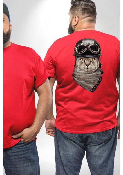 Kasket Bandana Motorcu Kedi Büyük Beden Kırmızı Tişört Kadın Erkek Ünisex Sırt Baskılı fiyatları
