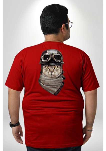 Kasket Bandana Motorcu Kedi Büyük Beden Kırmızı Tişört Kadın Erkek Ünisex Sırt Baskılı fırsatları
