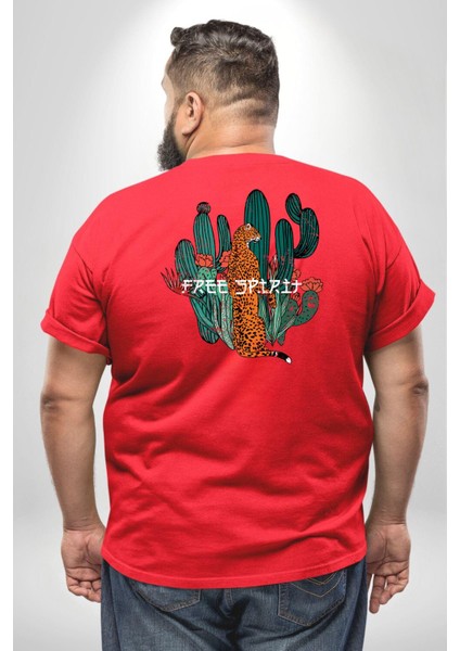 Kaktüs Çita Büyük Beden Kırmızı Tişört Kadın Erkek Ünisex Sırt Baskılı fırsatları