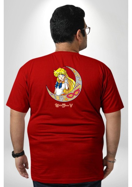 Sailor Moon Ay Savaşcısı Anime Büyük Beden Kırmızı Tişört Kadın Erkek Ünisex Sırt Baskılı