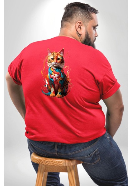 Renkli Yağlı Boya Kedi Büyük Beden Kırmızı Tişört Kadın Erkek Ünisex Sırt Baskılı