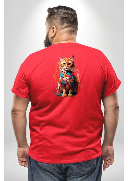 Renkli Yağlı Boya Kedi Büyük Beden Kırmızı Tişört Kadın Erkek Ünisex Sırt Baskılı fırsatları