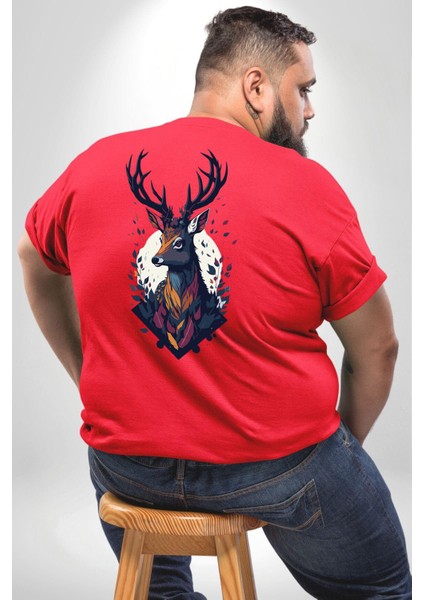 Geyik Kafası Yapraklar Büyük Beden Kırmızı Tişört Kadın Erkek Ünisex Sırt Baskılı
