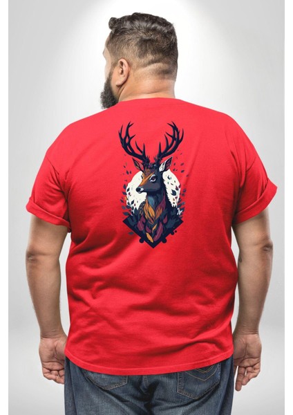 Geyik Kafası Yapraklar Büyük Beden Kırmızı Tişört Kadın Erkek Ünisex Sırt Baskılı fırsatları
