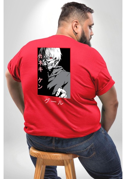 Kaneki Ken Kuma Japon Anime Şeytan Büyük Beden Kırmızı Tişört Kadın Erkek Ünisex Sırt Baskılı