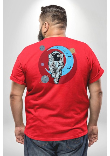 Astronot Uzayda Sıkılmış Büyük Beden Kırmızı Tişört Kadın Erkek Ünisex Sırt Baskılı
