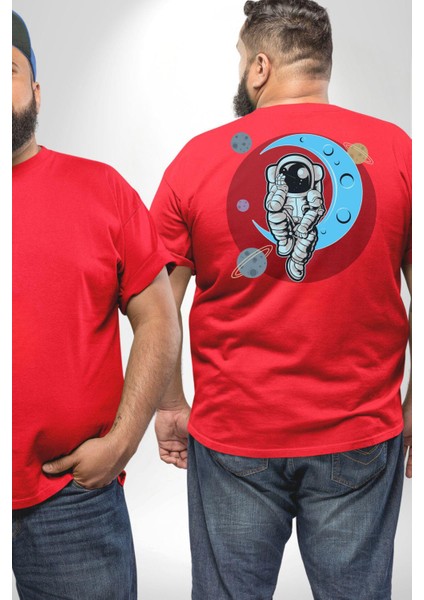 Astronot Uzayda Sıkılmış Büyük Beden Kırmızı Tişört Kadın Erkek Ünisex Sırt Baskılı fiyatları