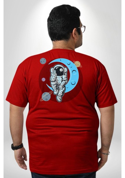 Astronot Uzayda Sıkılmış Büyük Beden Kırmızı Tişört Kadın Erkek Ünisex Sırt Baskılı fırsatları