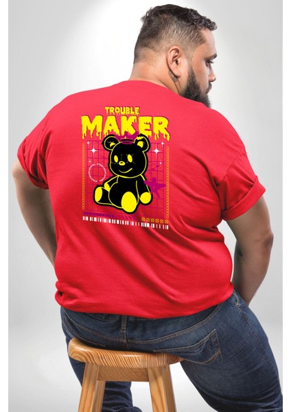 Baş Belası Teddy Büyük Beden Kırmızı Tişört Kadın Erkek Ünisex Sırt Baskılı