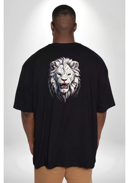 Beyaz Kaplan Kükreme Büyük Beden Siyah Tişört Kadın Erkek Ünisex Sırt Baskılı