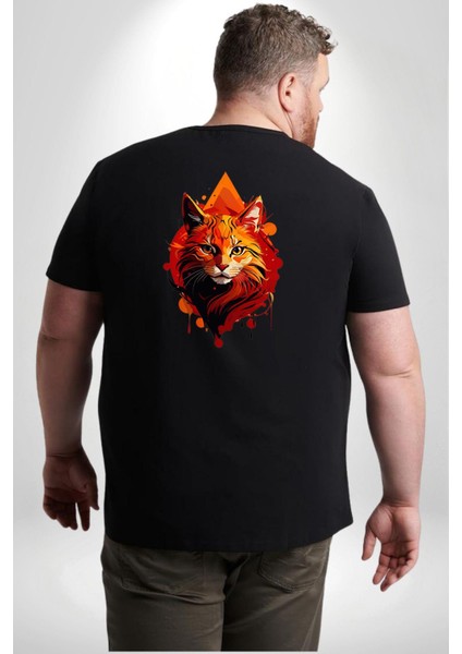 Renkli Sarı Siyah Kedi Büyük Beden Siyah Tişört Kadın Erkek Ünisex Sırt Baskılı