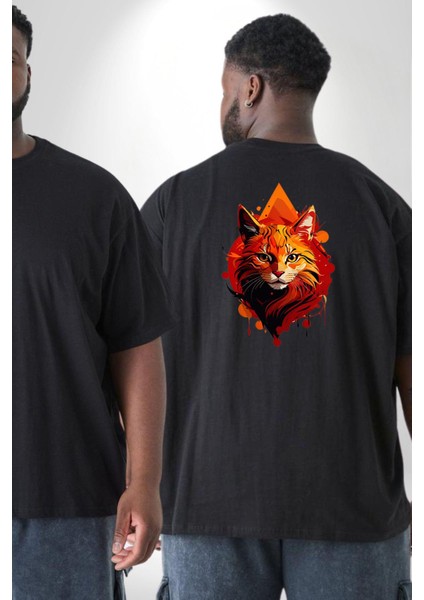 Renkli Sarı Siyah Kedi Büyük Beden Siyah Tişört Kadın Erkek Ünisex Sırt Baskılı fiyatları
