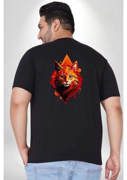 Renkli Sarı Siyah Kedi Büyük Beden Siyah Tişört Kadın Erkek Ünisex Sırt Baskılı fırsatları