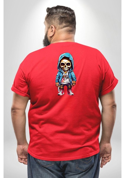 Hiphop Kurukafa Hoodie Büyük Beden Kırmızı Tişört Kadın Erkek Ünisex Sırt Baskılı