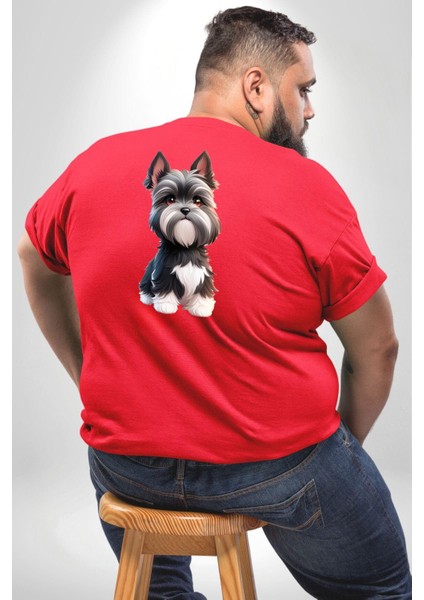 Sevimli Beyaz Gri Köpek Büyük Beden Kırmızı Tişört Kadın Erkek Ünisex Sırt Baskılı