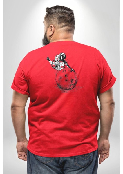 Astronot Gök Taşı Yavarlarken Büyük Beden Kırmızı Tişört Kadın Erkek Ünisex Sırt Baskılı fırsatları