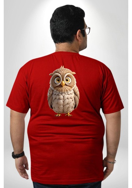Baykuş Büyük Beden Kırmızı Tişört Kadın Erkek Ünisex Sırt Baskılı