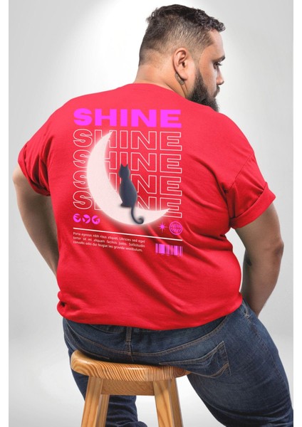 Parlayan Kırmızı Kedi Büyük Beden Kırmızı Tişört Kadın Erkek Ünisex Sırt Baskılı