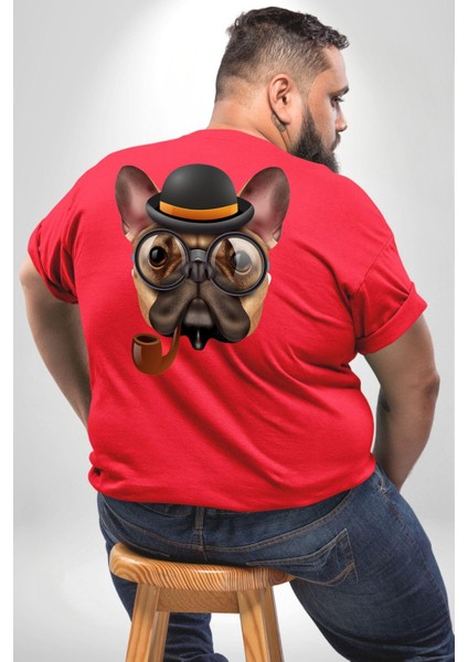 Köpek Pug Gözlüklü Büyük Beden Kırmızı Tişört Kadın Erkek Ünisex Sırt Baskılı