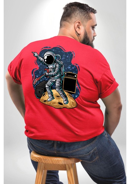 Gitar Astronot Müzik Uzay Büyük Beden Kırmızı Tişört Kadın Erkek Ünisex Sırt Baskılı