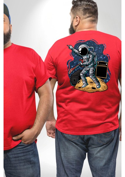 Gitar Astronot Müzik Uzay Büyük Beden Kırmızı Tişört Kadın Erkek Ünisex Sırt Baskılı fiyatları